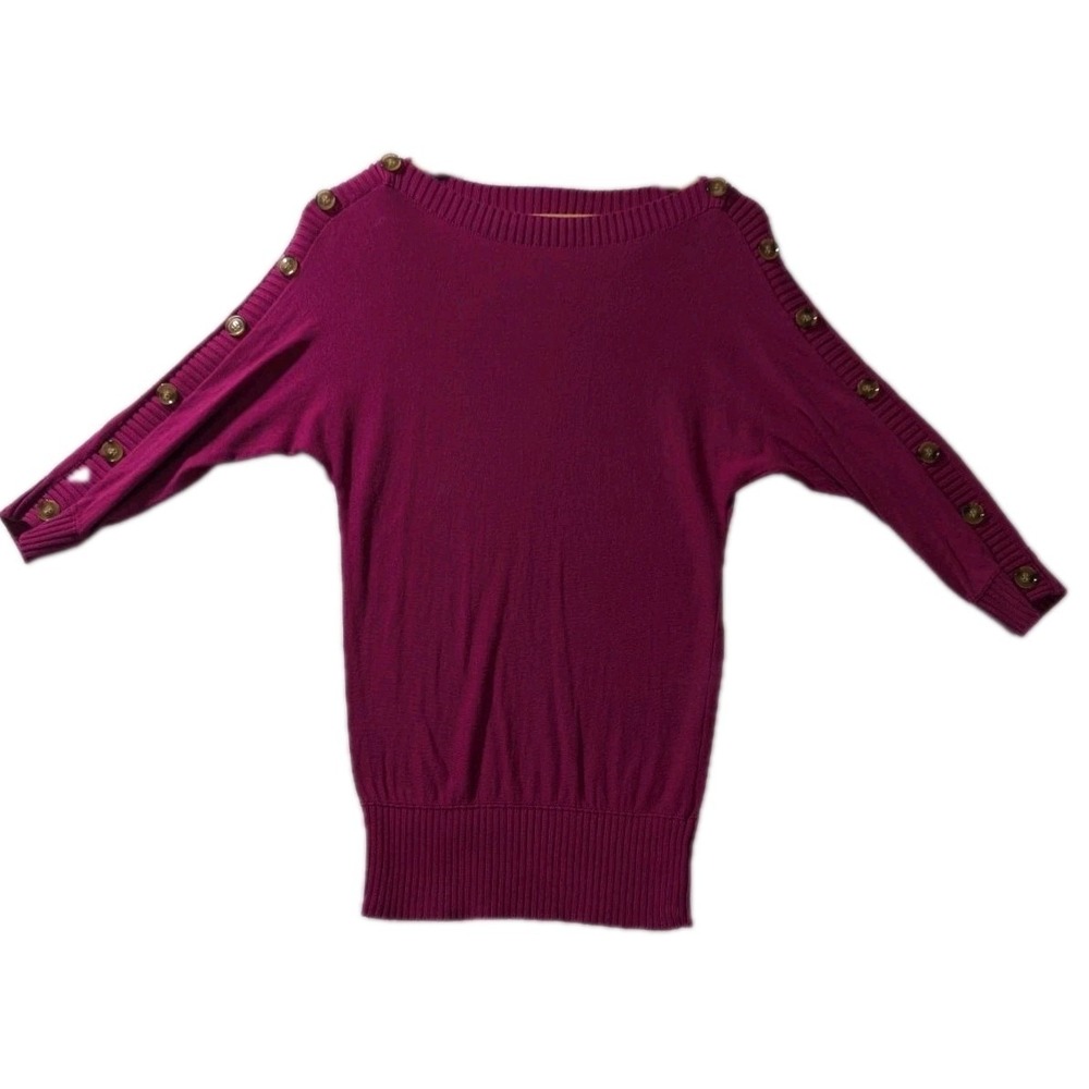 The Limited Magenta Button-Trim Boatneck Sweater XS‎ 3/4 Sleeve Ribbed